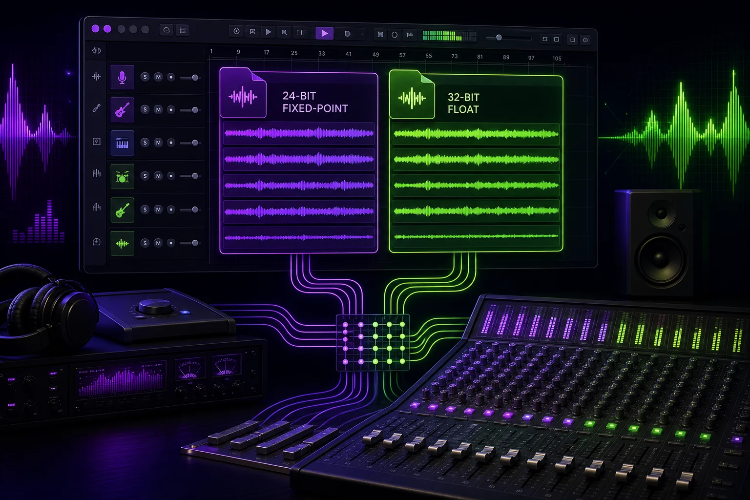24 bit vs 32 bit float audio files shown in a digital audio workstation before sending tracks to a mixer
