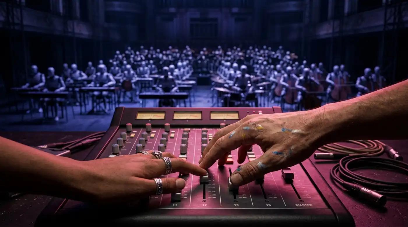 Endless rows of identical robot musicians blurred in cold light, while two human hands meet in sharp warm focus on the same fader of a mixing console