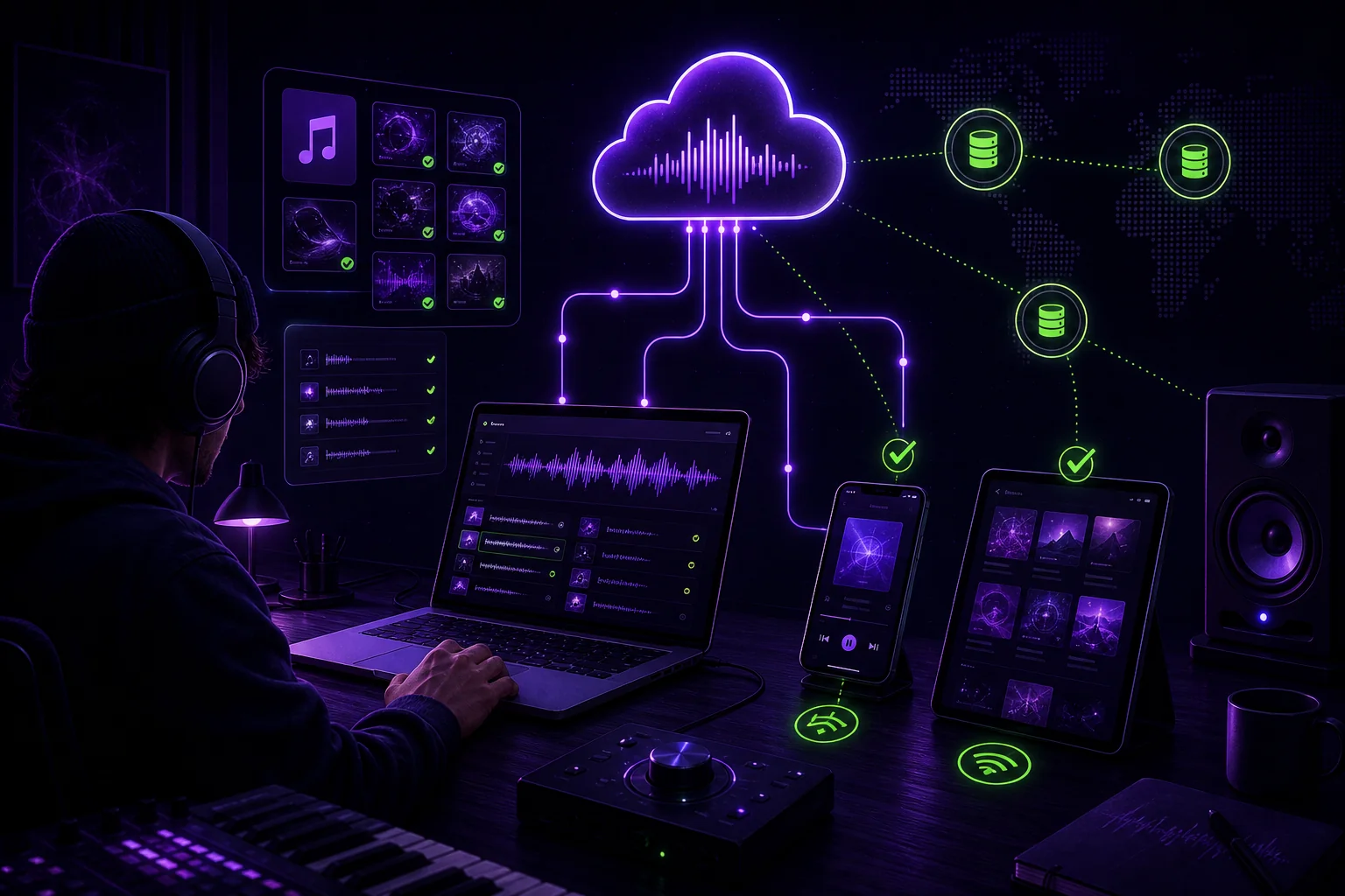Cloud storage workspace for musicians: stems, DAW sessions and version history synced across devices