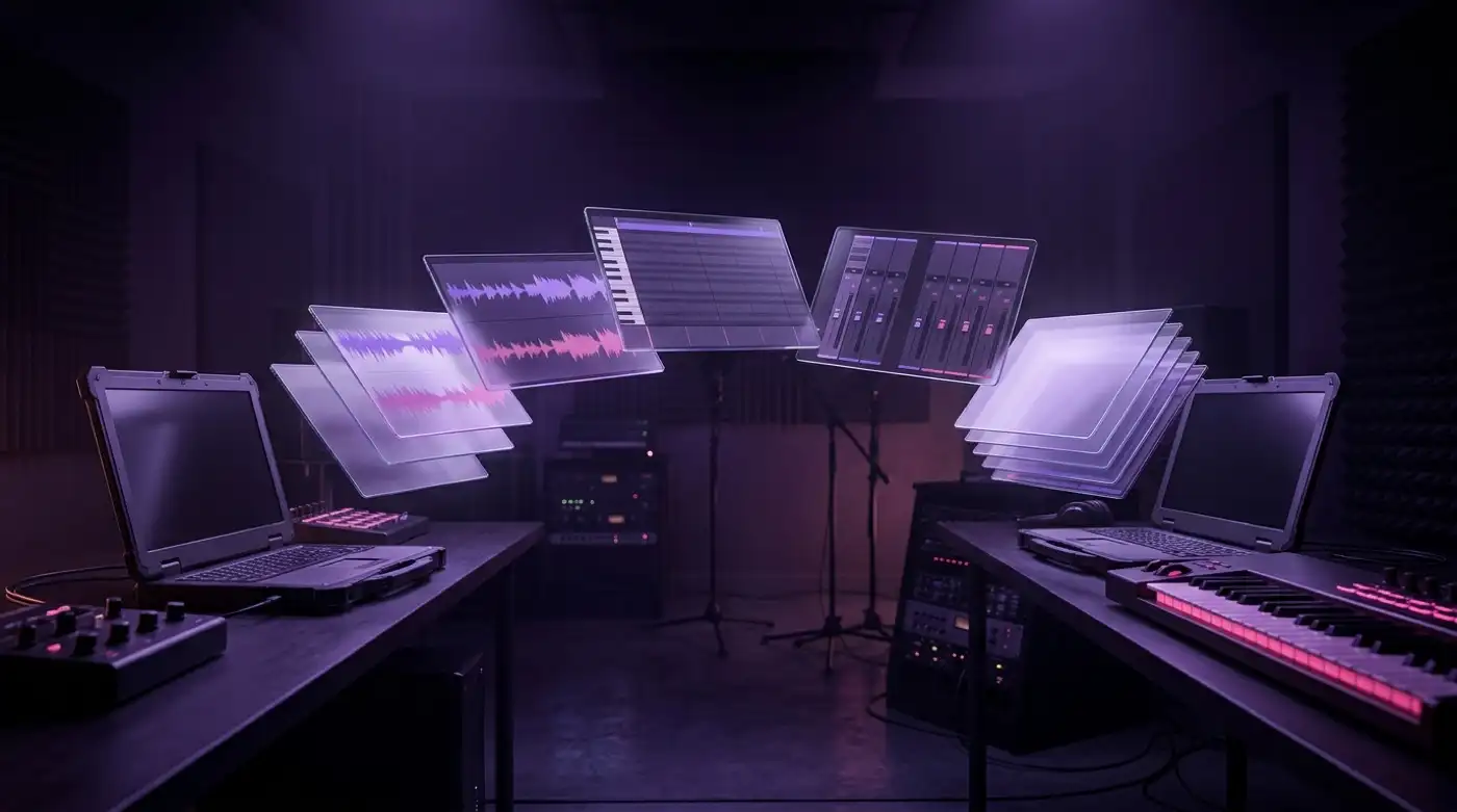 A DAW session split into floating translucent layers — waveforms, piano roll, mixer strips — travelling in an arc of light from one studio desk to another