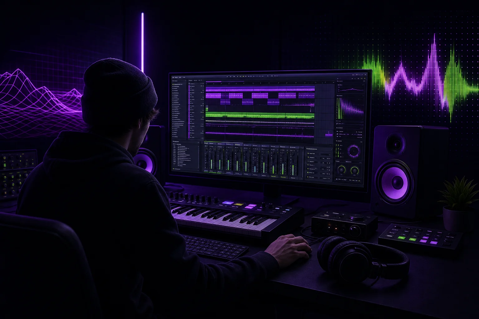 Digital audio workstation software on a computer screen for recording, editing, arranging, and producing music.