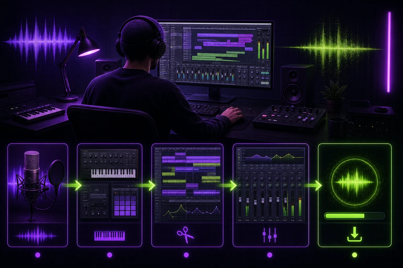 Digital audio workstation interface showing audio tracks, software instruments, mixing controls, and a final export workflow.