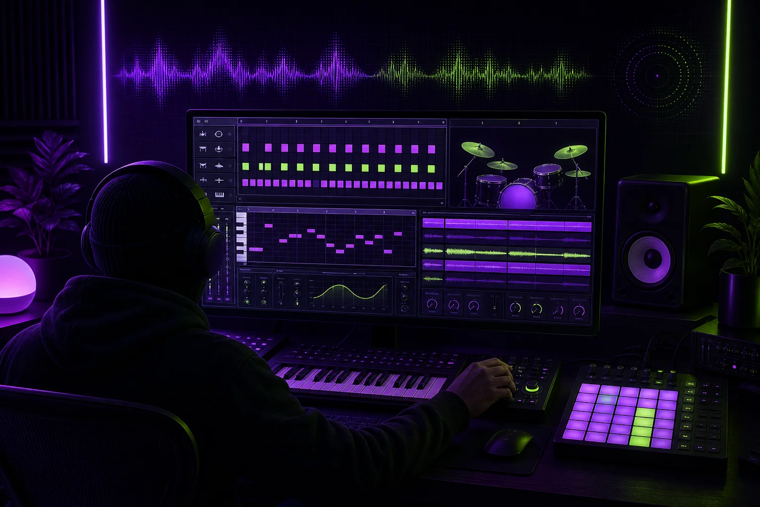 Making beats with an 8-bar loop in an online music studio featuring a drum sequencer, piano roll, synths, and audio mixing tools.