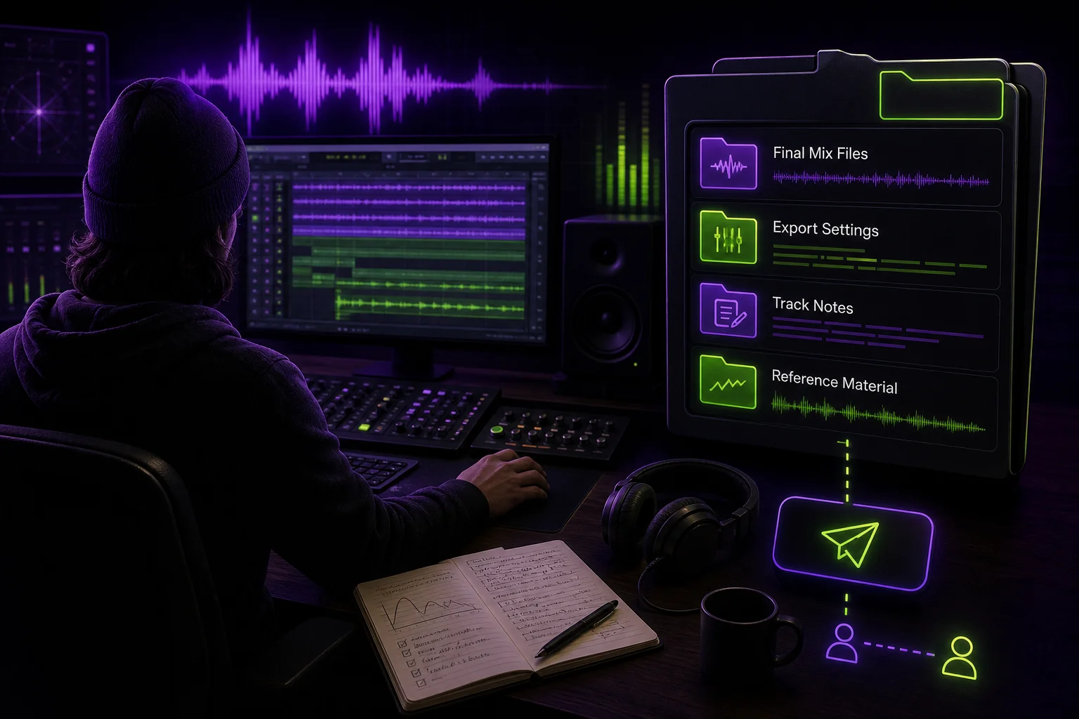 Mix delivery checklist showing an audio engineer preparing organized mix files and notes for a mastering engineer.