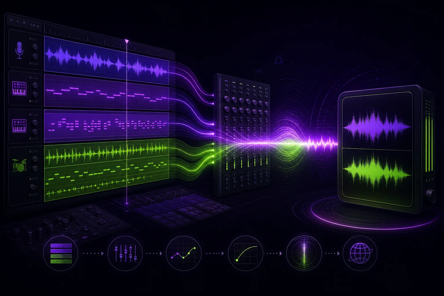 Mixing vs mastering shown as a song moves from multitrack production to a final stereo master.