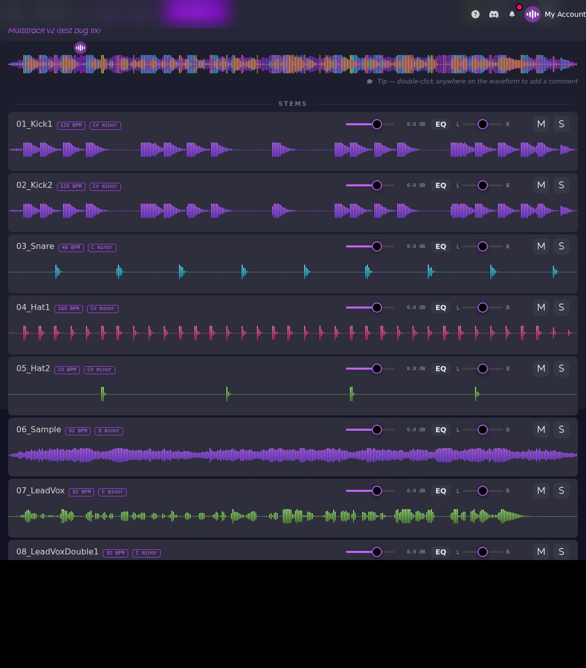 a track's separated stems, each with its own waveform and mixer controls