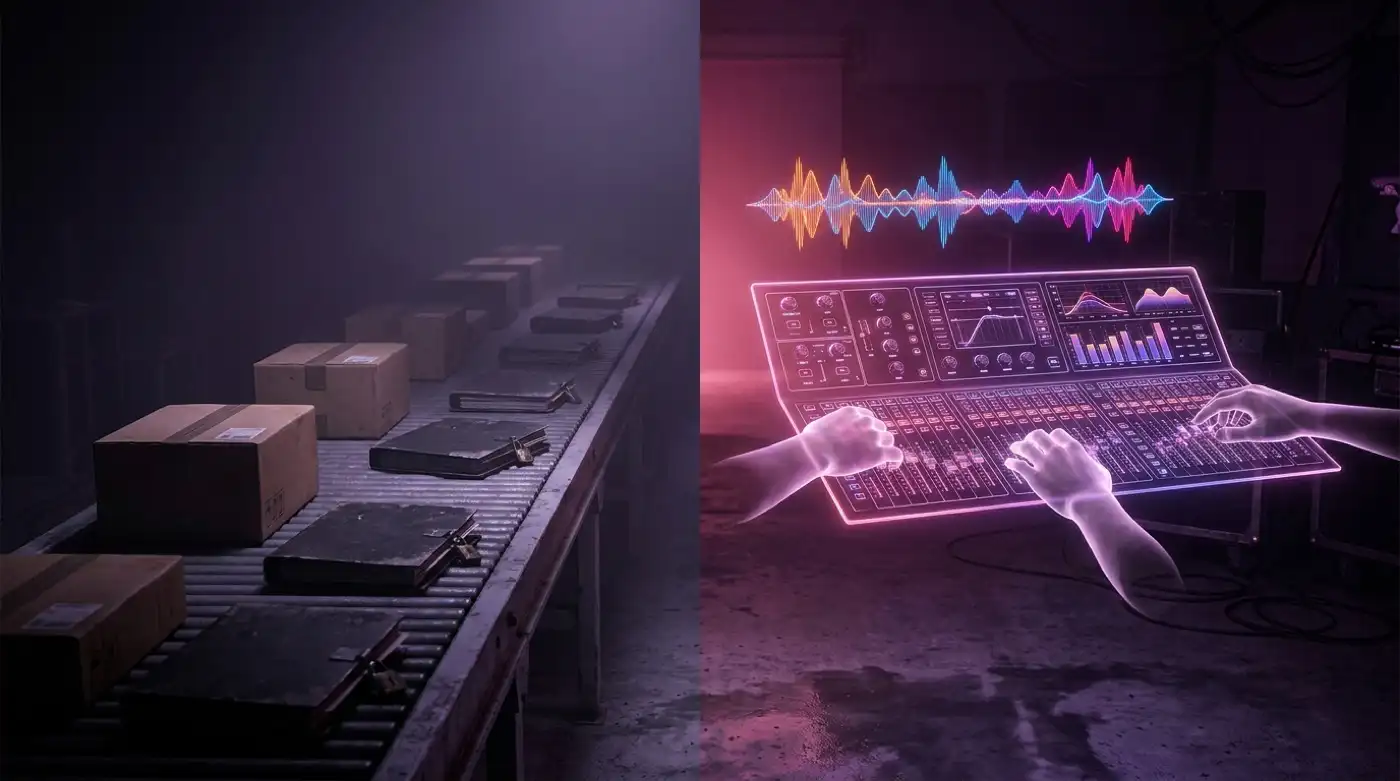 Sealed parcels on a grey conveyor belt dissolving into a shared holographic mixing console adjusted by several hands at once — file sharing versus a real music collaboration platform