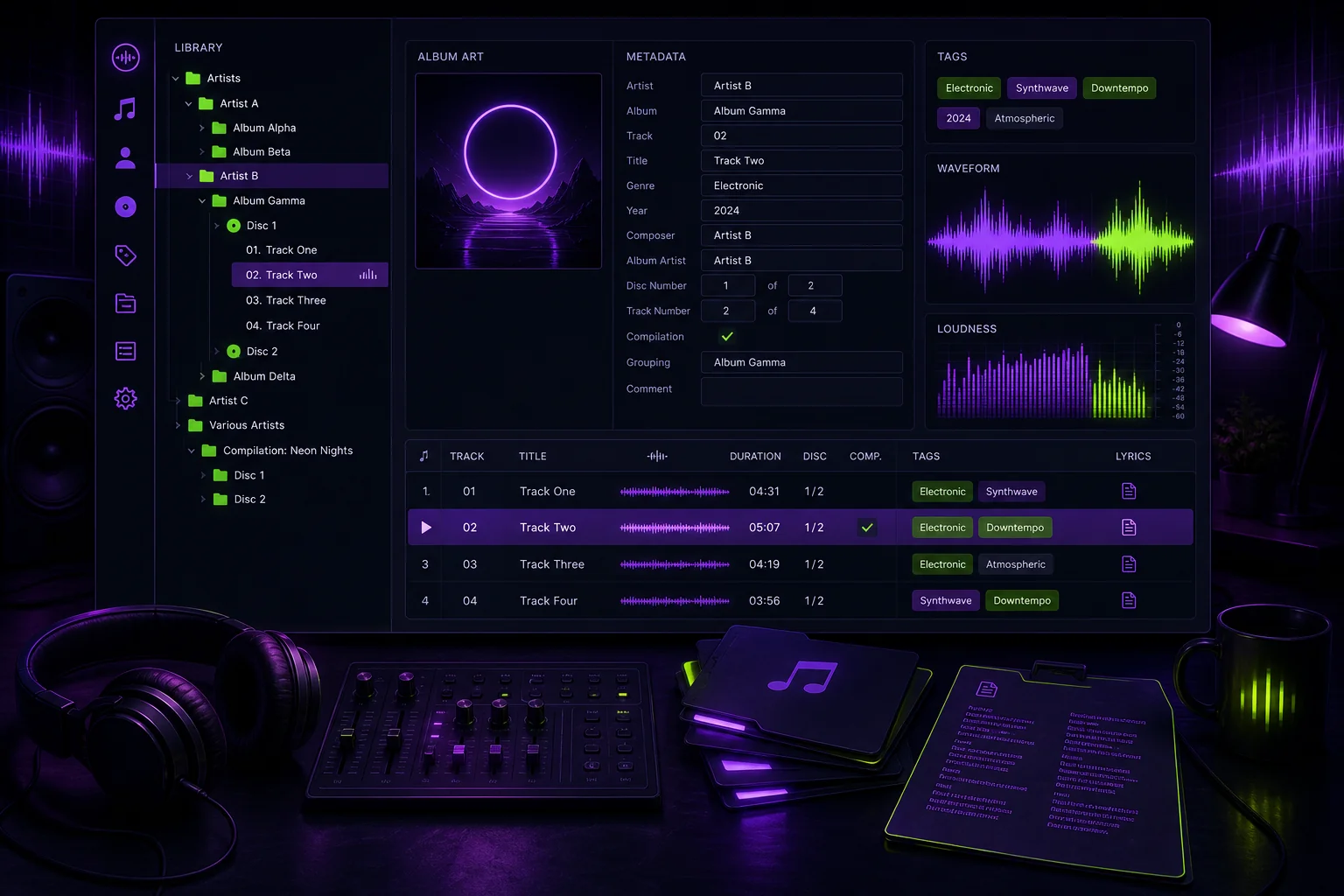 Music file naming conventions guide showing an organized artist, album, and track folder structure for a shared team music library