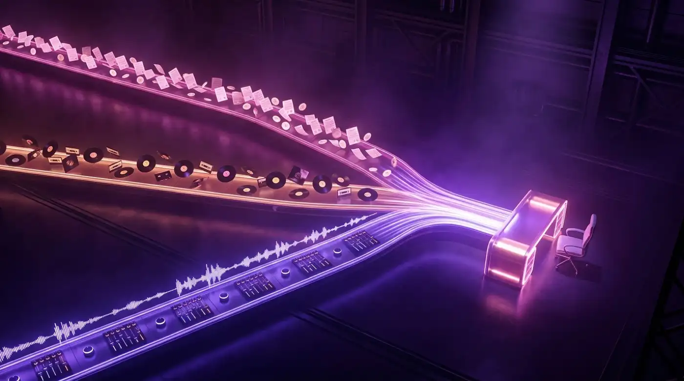 Three luminous conveyor streams — contracts, vinyl records, waveforms and faders — converging into a single glowing desk in a dark room, one chair waiting behind it