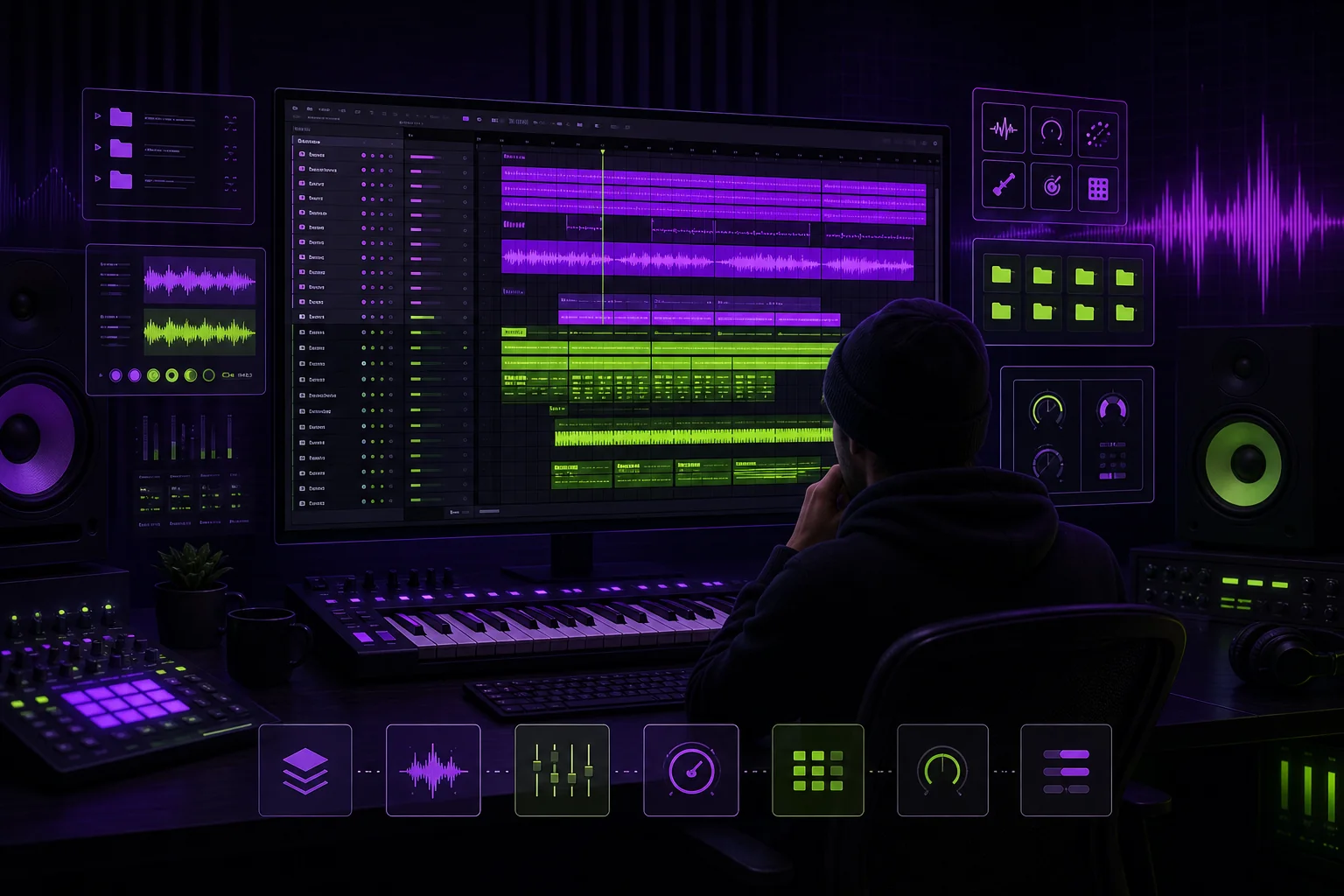 Music production workfiles displayed as an organized DAW session with tracks, plugins, presets, and project templates.