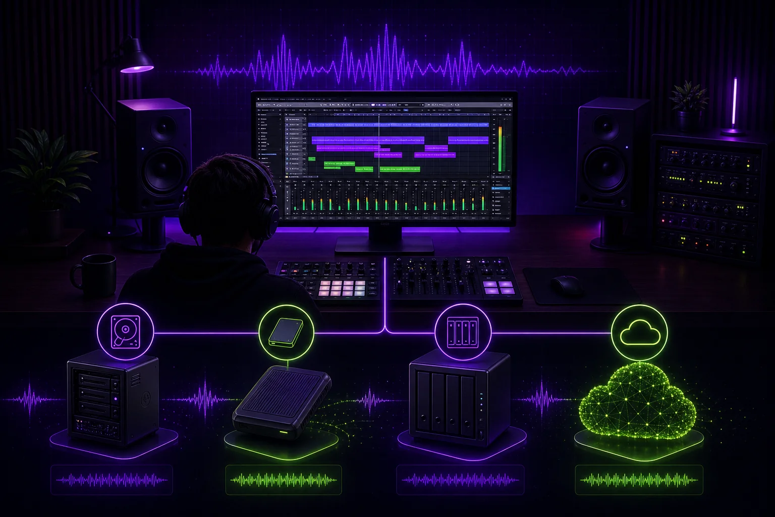 Music project backup system showing a DAW session protected by local drives, a NAS, and an off-site cloud copy.