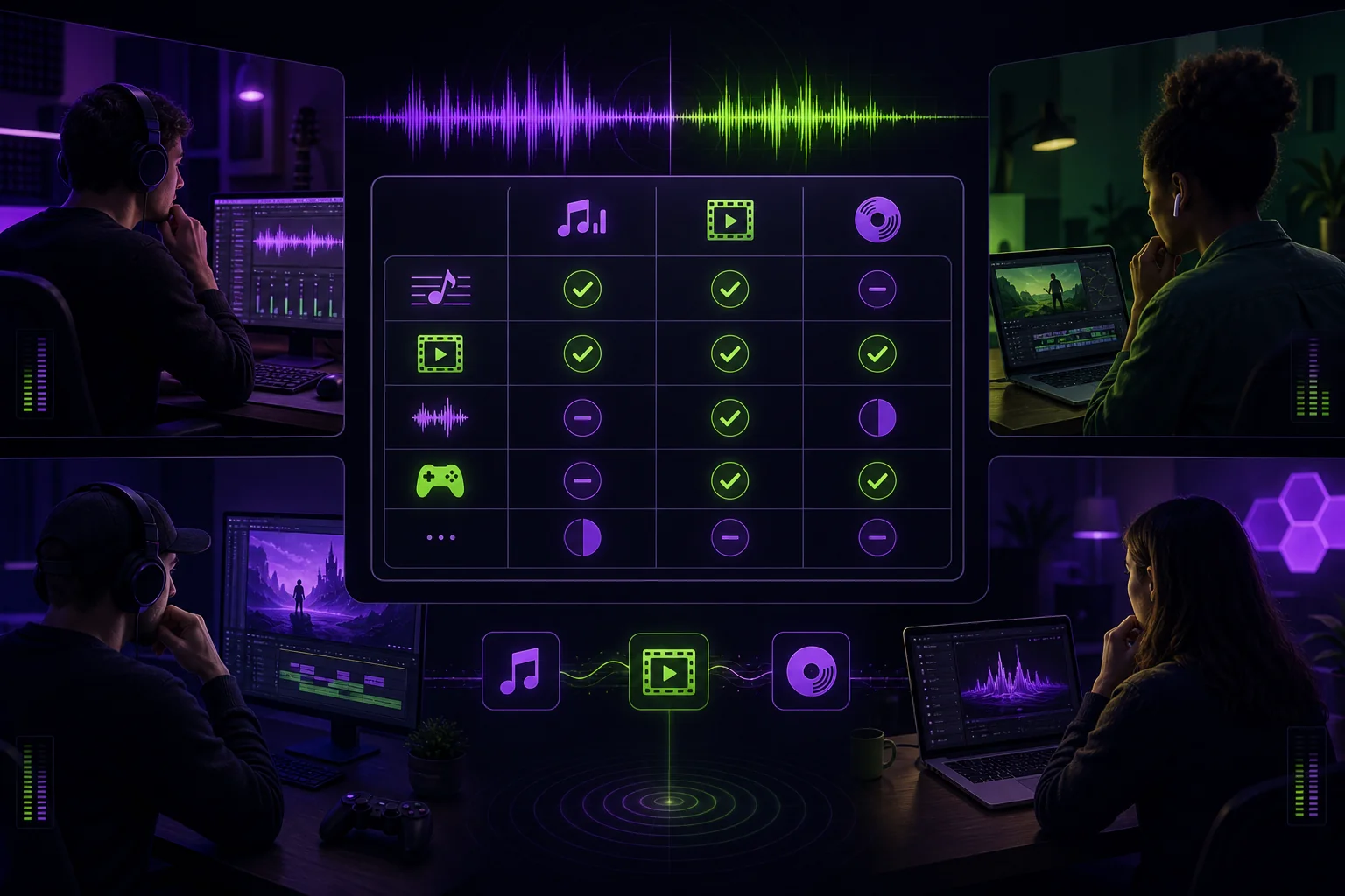 Music project permissions matrix showing remote collaborators managing sync and master use licenses for an audiovisual project