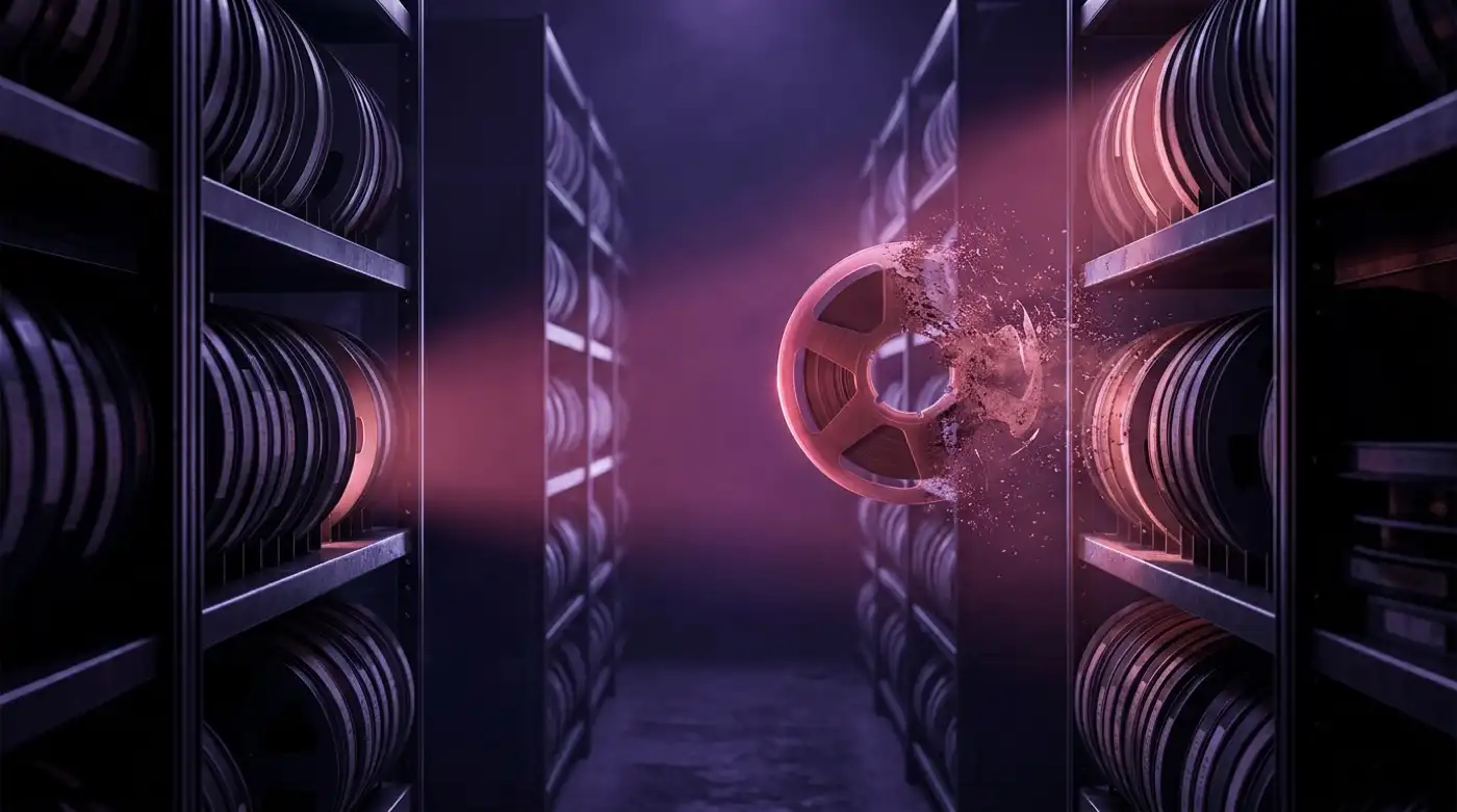 In a dark archive of glowing audio reels, one tape is caught by a warm beam of light at the instant it starts crumbling into dust — version control rescues takes before they are lost