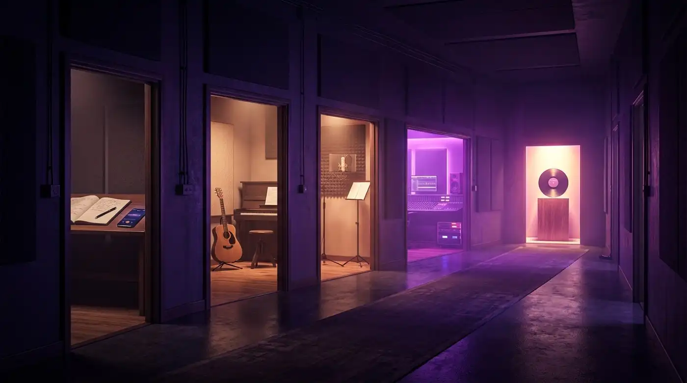 A studio corridor with five doorways, each brighter than the last — from a rough idea desk to a finished vinyl record, the five stages of a music production workflow