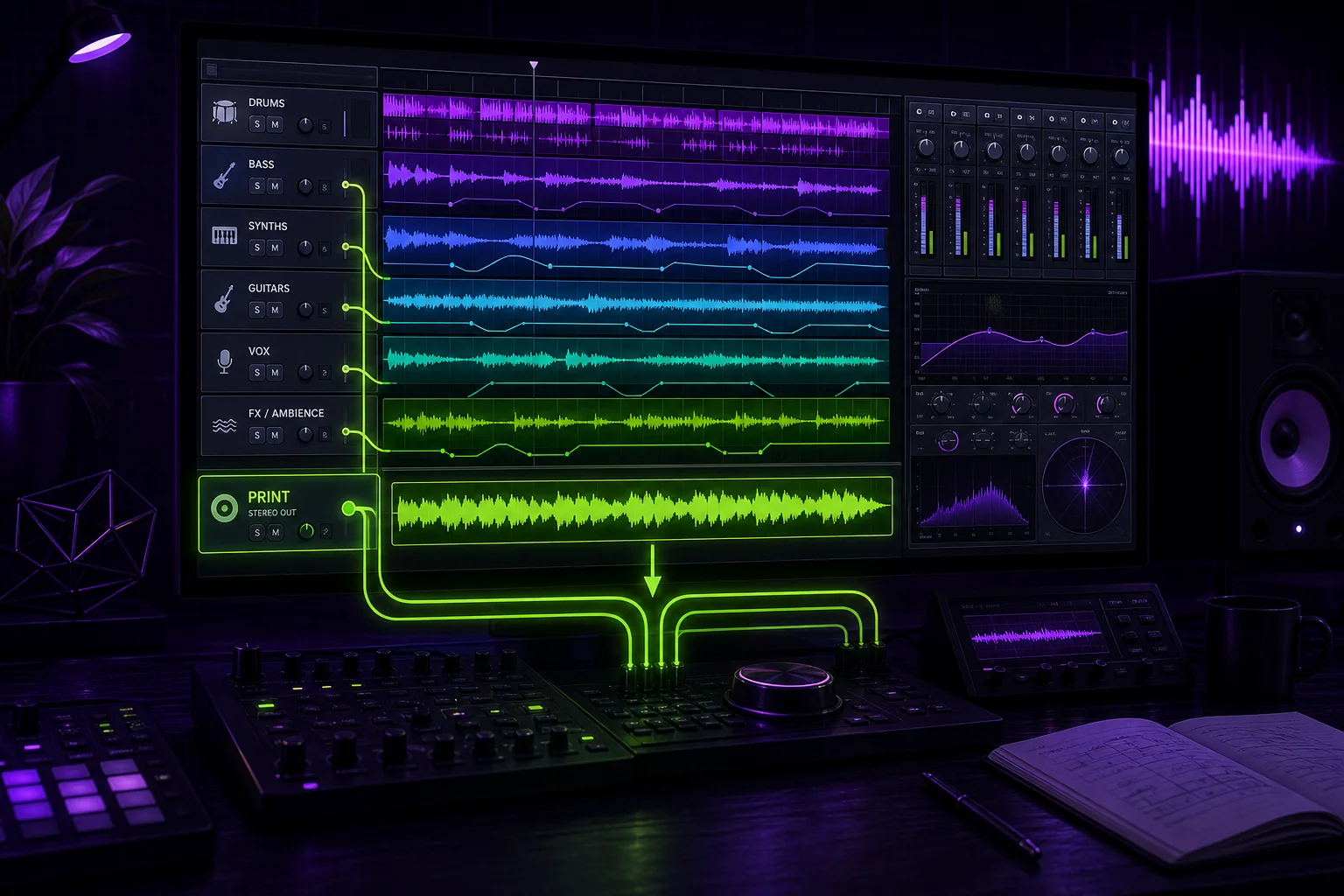 Print tracks music production workflow showing a finished mix routed into a stereo PRINT track in a digital audio workstation.