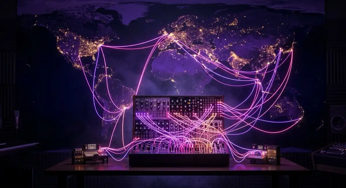 A modular synth rack whose glowing patch cables arc across a world map of city lights to plug into small home studios in different cities — the remote music production stack