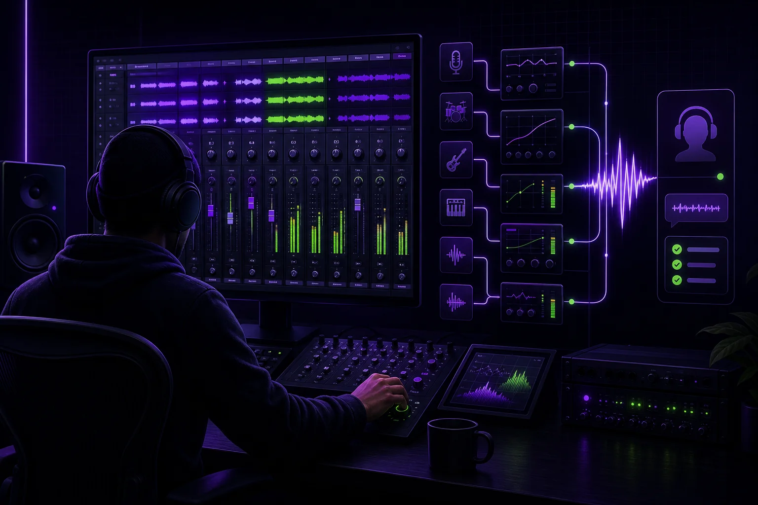 Stem gain staging for remote mix feedback, with audio stems balanced through a signal chain before review.