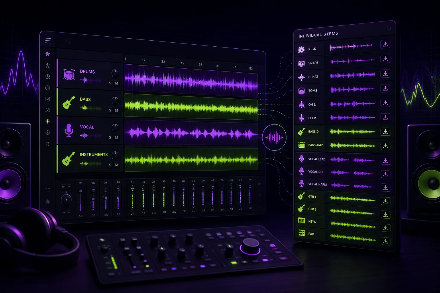 Stems vs multitracks explained with grouped audio stems and individual tracks prepared for mixing and mastering.