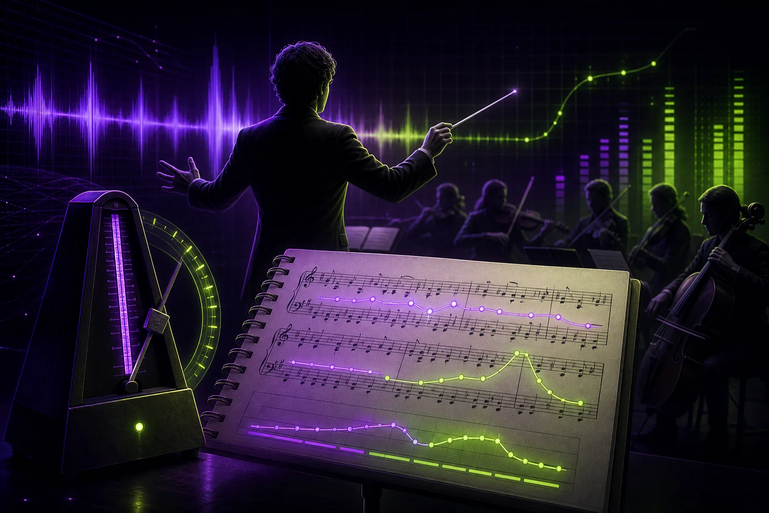 A conductor, metronome, and musical score illustrating tempos, BPM, tempo marks, and changes in musical performance.