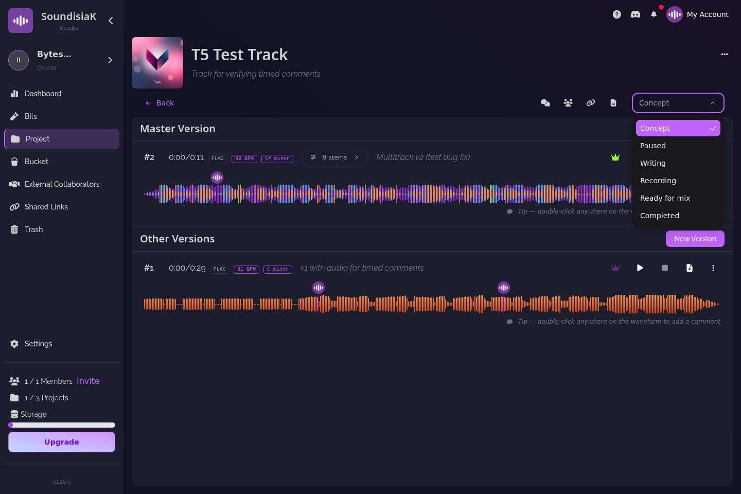 a track's production status, from Concept to Completed