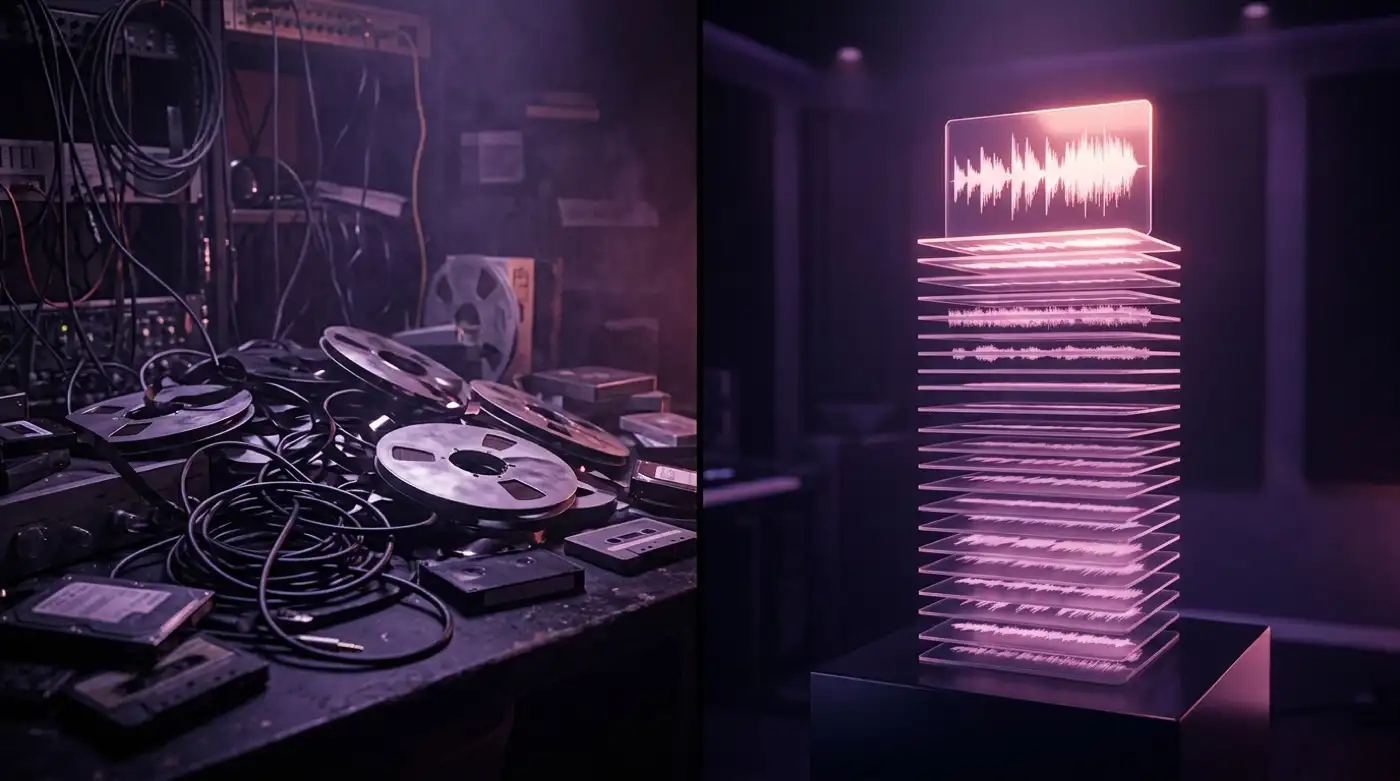 A cluttered studio desk of unlabeled tape reels and hard drives next to a clean glowing stack of ordered waveform versions — version control for music turns chaos into a timeline